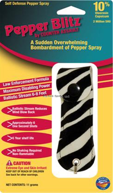 Picture of Counter Assault Pepper Blitz Pepper Spray 1/2Oz Lthr Hlstr W/Key Ring Zebra Stripe Clampack