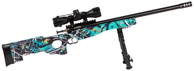 Picture of  Crickett Ksa2149 Precision Package 22 LR Caliber With 1Rd Capacity, 16.12" Barrel, Blued Metal Finish & Fixed Thumbhole Muddy Girl Serenity Synthetic Stock Right Hand (Youth) Includes Scope & Bipod