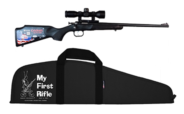 Picture of  Crickett Ksa2240bsc Youth Package 22 LR Caliber With 1Rd Capacity, 16.12" Barrel, Blued Metal Finish & Black Synthetic Stock Right Hand (Youth) Includes Scope & Case