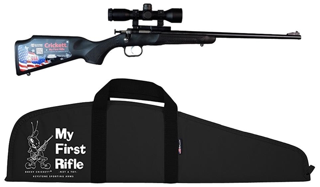 Picture of  Crickett Ksa2240bsc Youth Package 22 LR Caliber With 1Rd Capacity, 16.12" Barrel, Blued Metal Finish & Black Synthetic Stock Right Hand (Youth) Includes Scope & Case