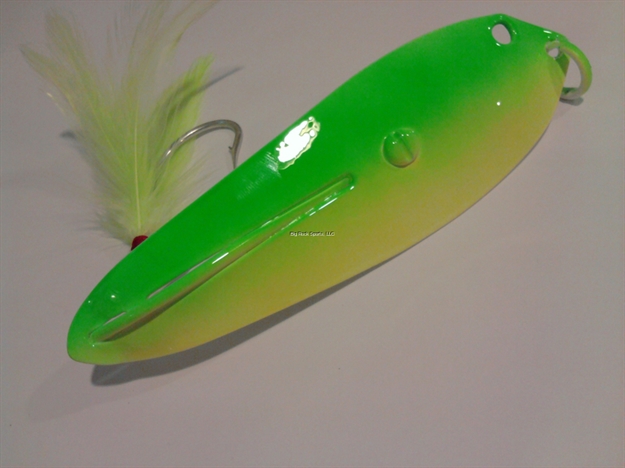 Picture of Crippled Alewive Trolling Spoon, 10 1/4", 11/0 Hook, Fluorescent Green-Yellow/Green Feather Weighted