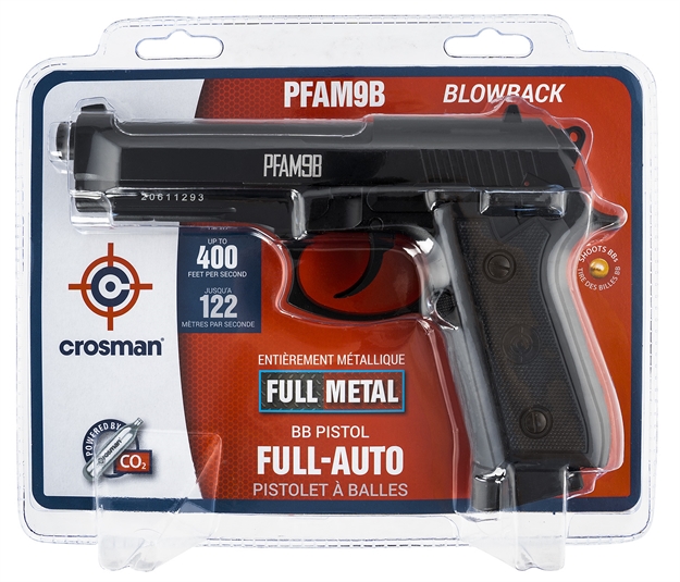 Picture of  Crosman Pfam9b Full Auto Air Pistol Co2 177 BB 20Rd Smooth Bore Brass Barrel, Blow Back Action, Fixed Front/Notched Rear Sights, Full Metal Frame, Black Polymer Grips, Selector Safety