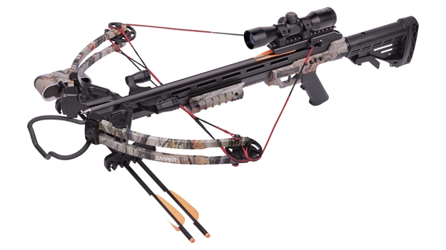 Picture of Crosman Sniper 370 Camo Adj Tactical Stk 4X32 Scope 3 20" Carbon Bolts Quiver Rope Cocker & Sling