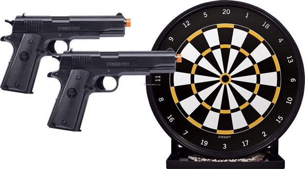 Picture of Crosman Stinger Challenge Kit (Black)(2) Spring Powered, Single Shot Pistols With 12" Sticky Target Kit - Includes Ammo, 325 Fps