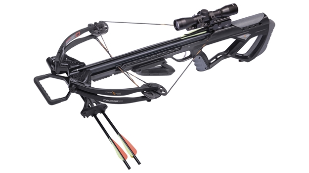Picture of Crosman Tormentor 370 Black All Weather Comp Stk 4X32 Scope 3 20" Carbon Bolts Quiver Rope Cocker &