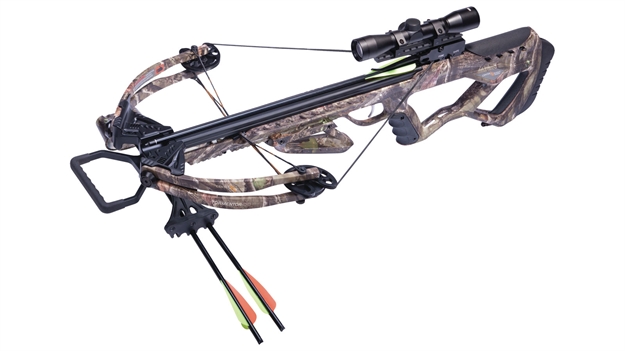 Picture of Crosman Tormentor 370 Camo All Weather Comp Stk 4X32 Scope 3 20" Carbon Bolts Quiver Rope Cocker &