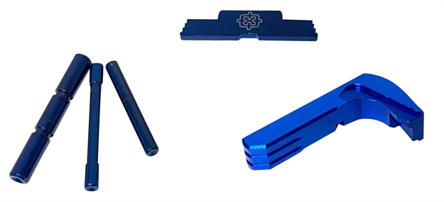 Picture of Cross Armory Crgokbl 3 Piece Kit  Dimpled Pin Set, Extended Magazine Catch And Extended Slide Lock Glock 17,19,20-24,26,27,29-35,38,39 Gen1-3 Blue Anodized Aluminum/Steel Handgun