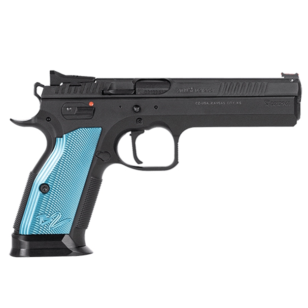 Picture of  Cz-Usa 91220 TS 2  9Mm Luger 20+1 5.28" Blued Steel Barrel, Black Serrated Steel Slide, Black Polycoat Steel Frame W/Beavertail, Blue Checkered Aluminum Grip, Ambidextrous 806703912202