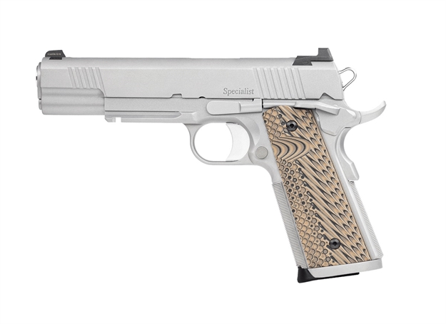 Picture of  Dan Wesson 01802 Specialist  45 Acp 8+1 5" Stainless Steel Barrel, Bead Blasted Serrated Stainless Steel Slide, Frame W/Beavertail & Picatinny Rail, Black/Brown G10 Grip, Ambidextrous 806703018027