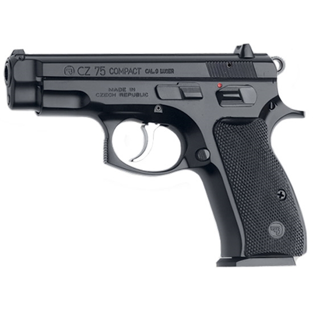 Picture of  Cz-Usa 91190 75  Compact 9Mm Luger 15+1 3.75" Black Steel Barrel & Serrated Slide, Black Polycoat Steel Frame W/Beavertail, Black Plastic Grip, Right Hand 806703911908