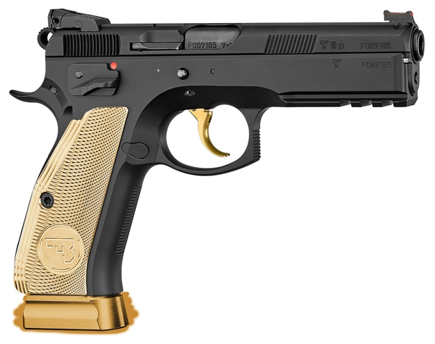 Picture of Cz-Usa 91170 CZ 75 Sp-01 Shadow 85Th Anniversary 9Mm Luger Caliber With 4.70" Barrel, 19+1 Capacity, Brass With CZ 85Th Anniversary Logo Grip Includes 2 Mags