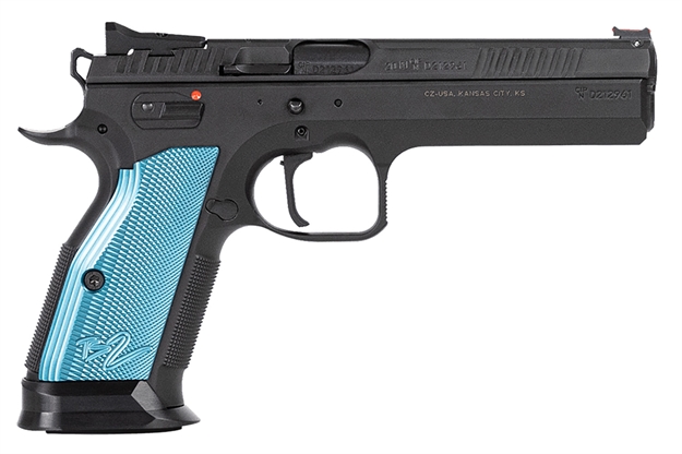 Picture of  Cz-Usa 91222 TS 2  40 S&W 17+1 5.28" Black Steel Barrel, Black Serrated Steel Slide, Black Polycoat Steel Frame W/Beavertail, Blue Checkered Aluminum Grip, Ambidextrous