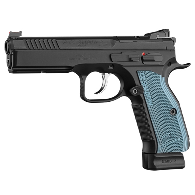 Picture of  Cz-Usa 91251 Shadow 2 Optics-Ready 9Mm Luger 4.89" 19+1 Overall Black Finish With Inside Railed Steel With Optic Cut Slide, Blue Aluminum Grip, Non-Tilted Barrel & Picatinny Rail