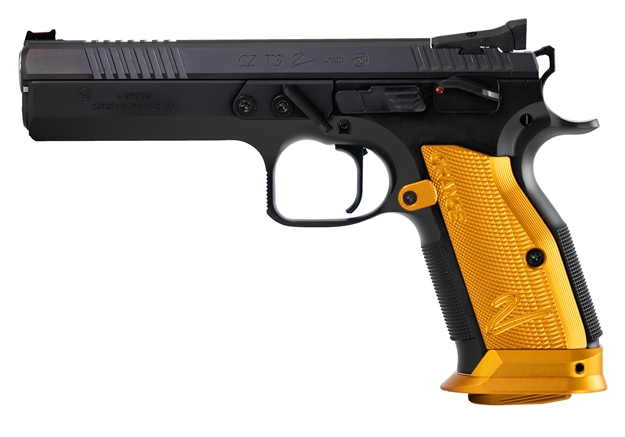 Picture of  Cz-Usa 91265 Ts2  40 S&W 17+1 5.20" Black Bull Barrel, Black Slide, Black Polycoat Frame, Orange Checkered Aluminum Grip