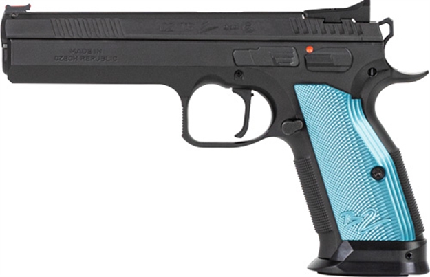Picture of  Cz-Usa 91222 TS 2  40 S&W 17+1 5.28" Black Steel Barrel, Black Serrated Steel Slide, Black Polycoat Steel Frame W/Beavertail, Blue Checkered Aluminum Grip, Ambidextrous