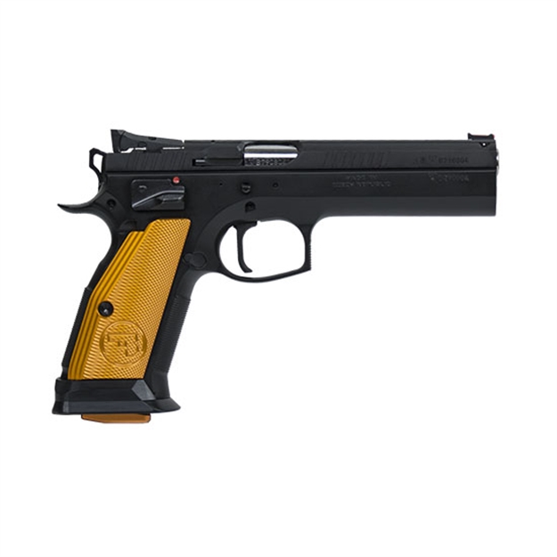 Picture of  Cz-Usa 91261 CZ 75 Tactical Sport 9Mm Luger 5.40" 20+1 Overall Black Finish With Inside Railed Steel Slide, Orange Aluminum Grip & Non-Titled Barrel 806703912615