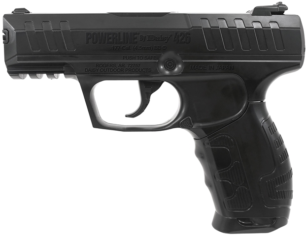 Picture of Daisy 426 Powerline Air Pistol Co2 177 Semi-Automatic 15 Shot Built-In BB Magazine, Smooth Bore Steel Barrel, Blade Front/Fixed Open Rear Sights, Molded Black Grip 426         