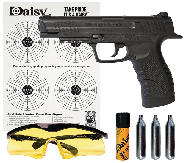 Picture of Daisy 985415242 415 Powerline Kit Co2 177 BB 21+1 495 Fps, Black Polymer Frame With Pic. Rail, Fiber Optic Sight, Includes Ammo/Target/Glasses/Co2 Cartridges 985415-242
