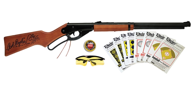 Picture of  Daisy 994938-803 Red Ryder Shooting Kit Lever 177 BB Black Steel Barrel & Receiver, Fixed Engraved Wood Stock 039256849385