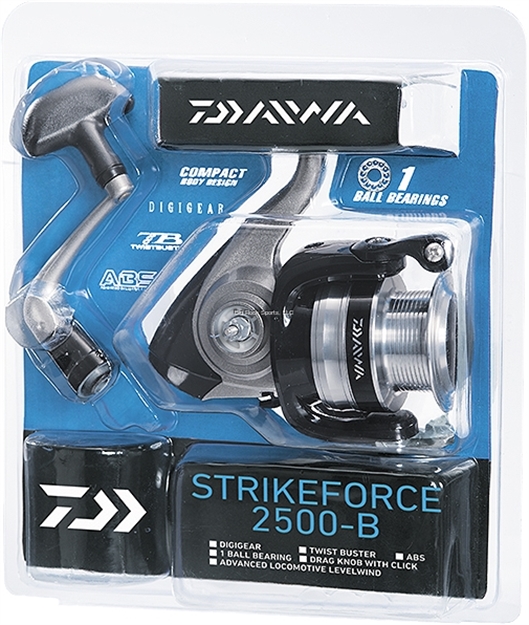 Picture of Daiwa Strikeforce-B Spinning Reel, Ambi, 1Bb, 5.3:1 Ratio, Abs Alum Spool, Mono 6/210, 8/170, 10/140, Clam Pack
