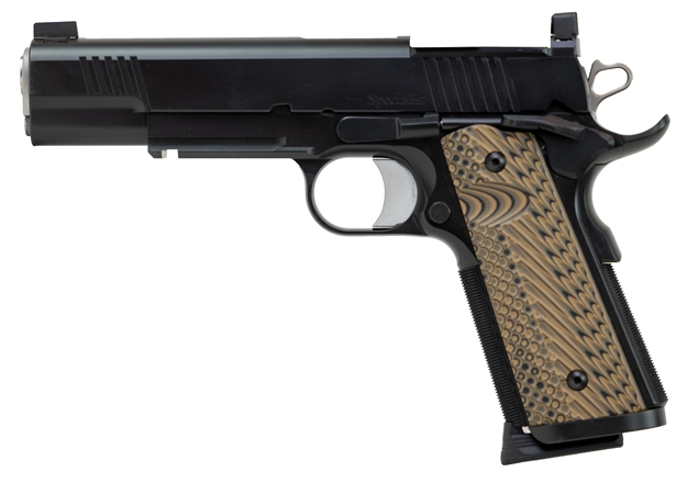 Picture of  Dan Wesson 01799 Specialist  45 Acp 8+1 (2) 5" Match Grade Stainless Barrel, Black, Beavertail Frame With Pic. Rail, Optic Cut Serrated Side, Black/Brown G10 Grip, Night Sights