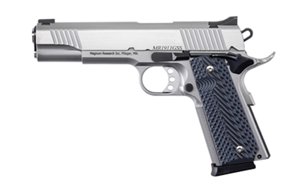 Picture of  Magnum Research De1911gss Desert Eagle 1911 G 45 Acp 8+1, 5.01" Stainless Steel Bull Barrel, Matte Stainless Steel Serrated Slide & Frame W/Beavertail, Black/Gray G10 Grip, Grip Safety, Right Hand