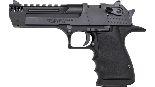 Picture of  Magnum Research De50l5imb Desert Eagle L5 50 AE 5" With Muzzle Brake 7+1 Black Hardcoat Anodized Aluminum Frame Black Carbon Steel Slide Black Hogue Wraparound Rubber Grip