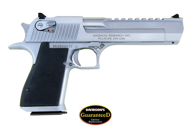 Picture of  Magnum Research De50bc Desert Eagle Mark Xix 50 AE Caliber With 6" Picatinny Rail Barrel, 7+1 Capacity, Overall Brushed Chrome Finish Carbon Steel, Beavertail Frame, Serrated Slide & Black Rubber Grip