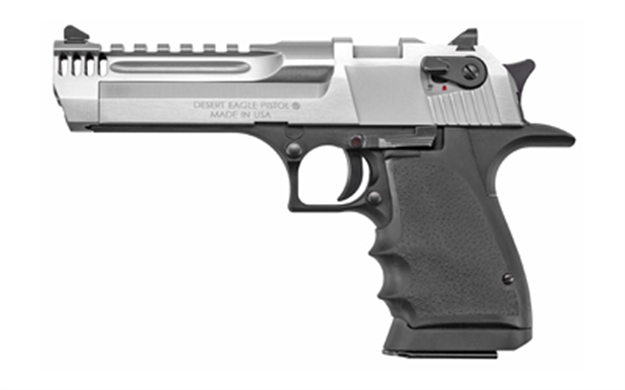 Picture of  Magnum Research De50l5bc Desert Eagle L5 50 AE 5" With Muzzle Brake 7+1 Black Hardcoat Anodized Aluminum Frame Brushed Chrome Carbon Steel Slide Black Hogue Wraparound Rubber Grip