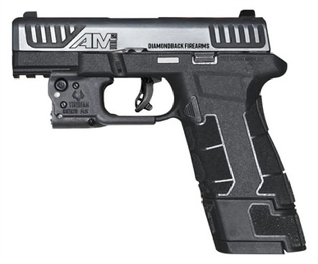 Picture of  Diamondback Db0301p031 Am2 W/Laser Sub-Compact Frame 9Mm Luger 17+1, 3.50" Stainless Steel Barrel, Serrated Stainless Steel Slide, Black Polymer Frame W/Picatinny Rail & Polymer Grip, Viridian Laser