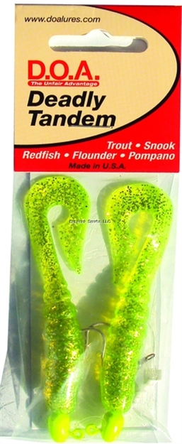 Picture of Doa Deadly Tandem Twin Curl Tail, 1/16 Oz, Chartreuse/Silver Glitter