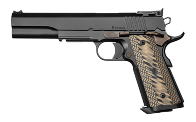 Picture of  Dan Wesson 01853 Kodiak  10Mm Auto 8+1 6.03" Bull Barrel, Tri-Tone Black Stainless Steel Serrated Slide & Frame W/Picatinny Accessory Rail & Beavertail, Brown G10 Grip, Includes 2 Magazines 806703018539