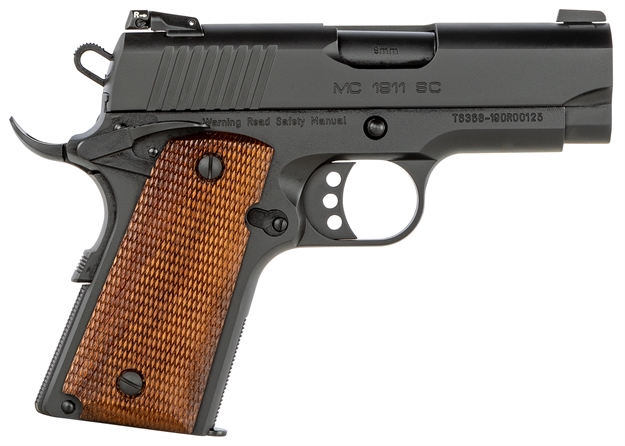 Picture of  Eaa Girsan 390045 Mc1911 SC  Compact 9Mm Luger 7+1, 3.40" Black Steel Barrel, Blued Serrated Slide, Black Aluminum Frame W/Beavertail, Checkered Laminate Grips, Ambidextrous