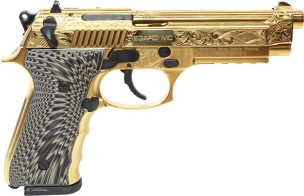Picture of  Eaa Girsan 390088 Regard MC Deluxe 9Mm Luger 18+1, 4.90" Stainless Steel Barrel, Gold Plated Serrated W/Engraving Steel Slide & Aluminum Frame W/Picatinny Rail, Black G10 Grip, Ambidextrous 741566904110