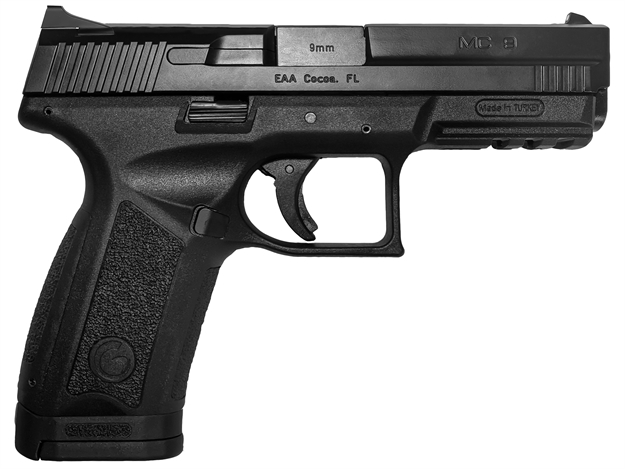 Picture of  Eaa Girsan 390340 Mc9  9Mm Luger 17+1, 4.20" Black Steel Barrel, Blued Serrated Steel Slide Black, Polymer Frame W/Picatinny Rail, Black Interchangeable Backstrap Grip, Ambidextrous