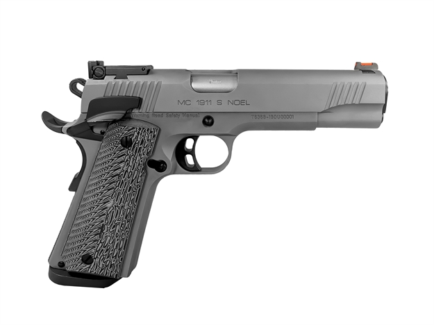 Picture of  Eaa Girsan 390099 Mc1911 S Noel 45 Acp 8+1 5" Stainless Steel Barrel, Matte Stainless Serrated Steel Slide & Frame W/Beavertail, Black/Gray G10 Grip, Ambidextrous