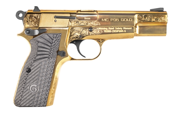 Picture of  Girsan 390488 MC P35  9Mm Luger 15+1 4.87" Gold Plated Pvd Stainless Steel Barrel, Gold Finish Engraved Serrated Stainless Steel Slide, Gold Plated Steel Frame W/Beavertail, G10 Grip 741566905681