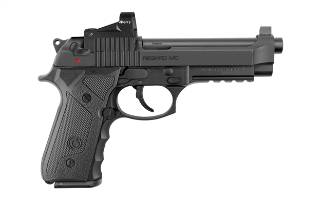 Picture of  Eaa Girsan 392080 Regard MC TV Full Size 9Mm Luger 18+1 4.90" Black Steel Barrel, Black Far-Dot/Serrated Slide, Black Aluminum Frame W/Accessory Rail, Black Finger Grooved Polymer Grips Ambidextrous 741566905353