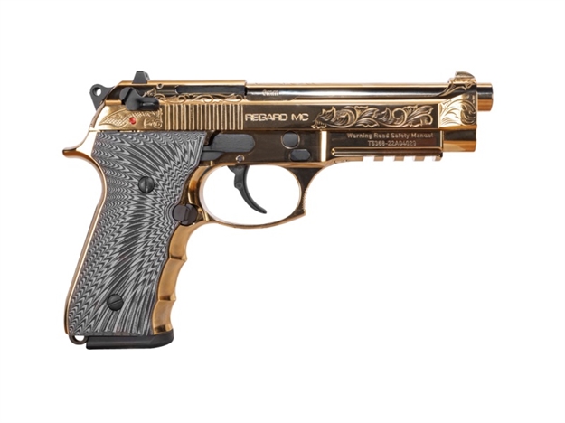 Picture of  Eaa Girsan 390088 Regard MC Deluxe 9Mm Luger 18+1, 4.90" Stainless Steel Barrel, Gold Plated Serrated W/Engraving Steel Slide & Aluminum Frame W/Picatinny Rail, Black G10 Grip, Ambidextrous 741566904110