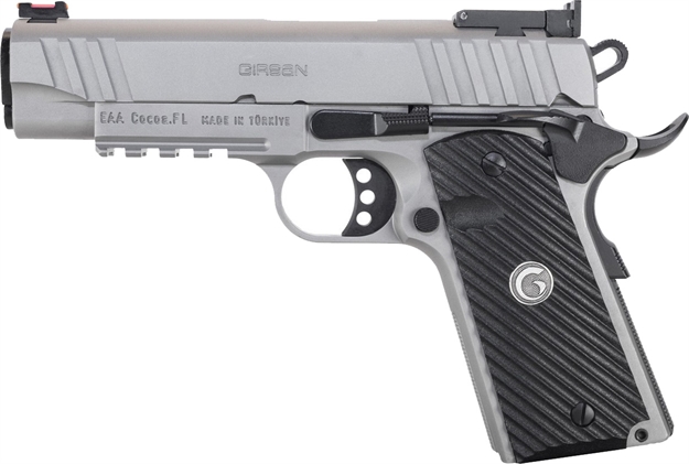 Picture of  Eaa Girsan 390615 Mc1911 C  Carry Frame 10Mm Auto 9+1, 4.40" Stainless Steel Barrel, Matte Stainless Steel Serrated Slide & Frame W/Beavertail & Picatinny Rail, Laminate Grip, Ambidextrous 741566905919