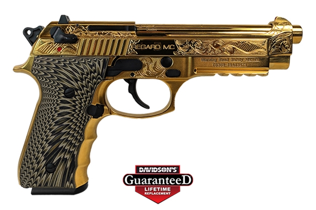 Picture of  Eaa Girsan 390088 Regard MC Deluxe 9Mm Luger 18+1, 4.90" Stainless Steel Barrel, Gold Plated Serrated W/Engraving Steel Slide & Aluminum Frame W/Picatinny Rail, Black G10 Grip, Ambidextrous