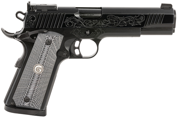 Picture of  Eaa Girsan 390098 Mc1911 S Lux Full Size 45 Acp 8+,1 5" Black Steel Barrel, Black Chrome W/Engraving Serrated Slide, Black Chrome Engraved Steel Frame W/Beavertail, G10 Grips Ambidextrous