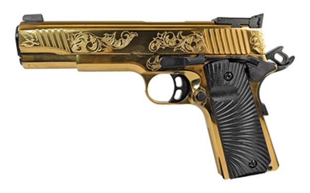 Picture of  Girsan 390093 Mc1911 S Lux 45 Acp 8+1 5" Gold Plated Pvd Steel Barrel, Gold Finish Engraved Serrated W/Engraving Steel Slide, Gold Plated Steel Frame, Black G10 Grip 741566904585