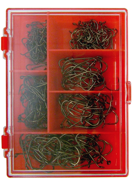 Picture of Eagle Claw Hook Assortment, Size 1/2/4/6/8, Bait Holder, Bronze, 211 Per Pack