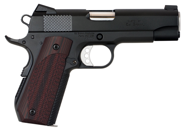 Picture of  ED Brown Kc18g4 1911 Kobra Carry 45 Acp 7+1 4.25" Stainless Recessed Crown Barrel, Black Gen4 Snakeskin Serrated Carbon Steel Slide & Frame W/Beavertail, Laminate Wood Grip