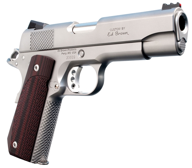 Picture of  ED Brown Kc18ss 1911 Kobra Carry Serrated Frame 45 Acp 7+1 4.25" Stainless Recessed Crown Barrel, Matte Stainless Serrated Steel Slide & Frame, Laminate Wood Grip, Right Hand