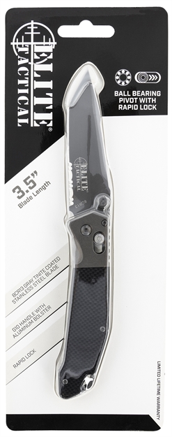 Picture of  Elite Tactical Et1027bkcs Savior  3.50" Folding Tanto Part Serrated Gray Tin 8Cr13mov SS Blade/Black/Gray Aluminum/G10 Handle Features Clamshell Packaging Includes Pocket Clip