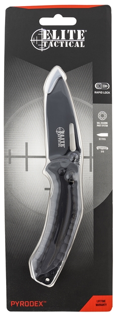 Picture of  Elite Tactical Etfdr008bkcs Pyrodex  3.30" Folding Drop Point Plain Black Stainless Steel Blade/Black G10 Handle Features Clamshell Packaging Includes Pocket Clip