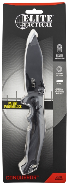 Picture of Elite Tactical Etfdr010bkcs Conqueror  4.80" Folding Drop Point Plain Black 8Cr13mov SS Blade/Black W/Finger Grooves Gfn Handle Features Clamshell Packaging Includes Pocket Clip