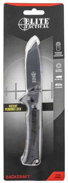 Picture of  Elite Tactical Etfdr011bkcs Backdraft  3.50" Folding Drop Point Plain Black 8Cr13mov SS Blade/ Black Gfn Handle Features Clamshell Packaging Includes Pocket Clip